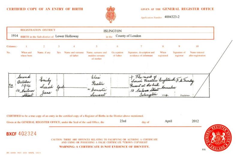 Birth Certificate Emily Sarah Jane Paxton